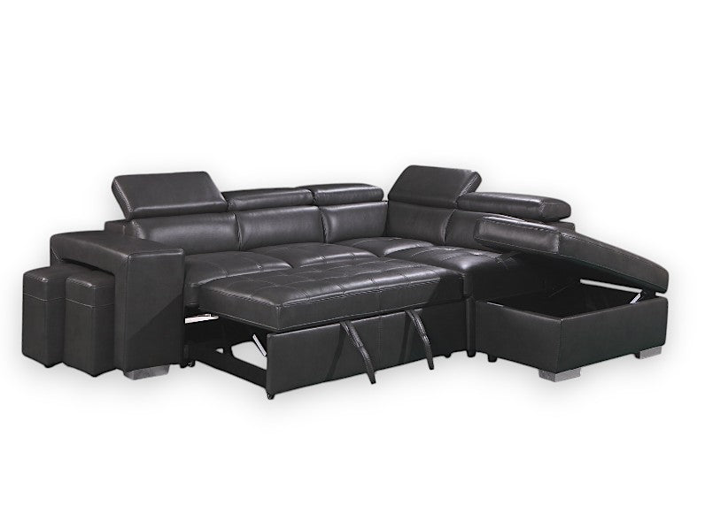 Sicily 3-Seater Sectional Sofa Bed with Ottoman - 2 stools  - Black Vegan Leather image 0