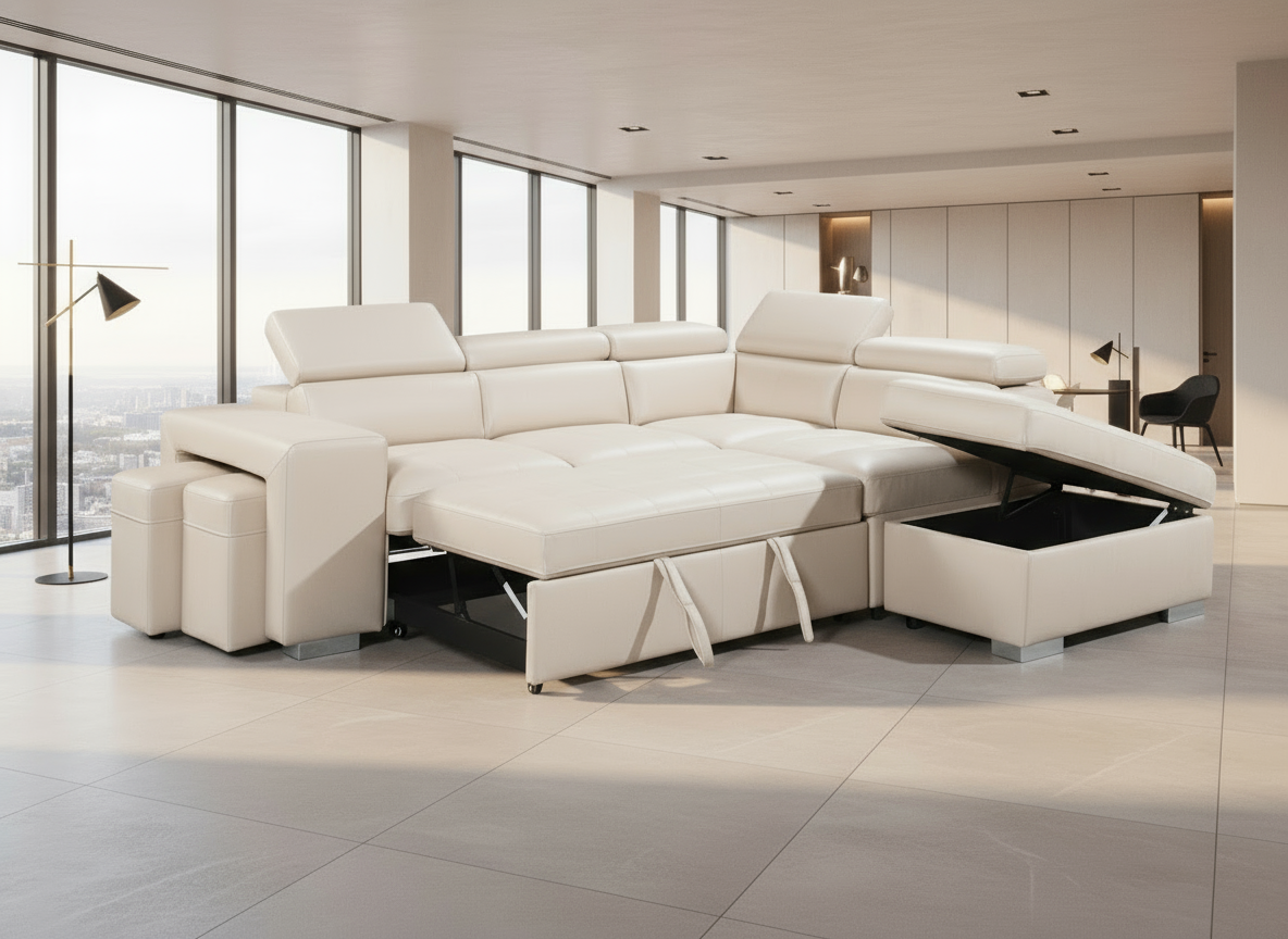 Sicily 3-Seater Sectional Sofa Bed with Ottoman - 2 stools  - White Vegan Leather