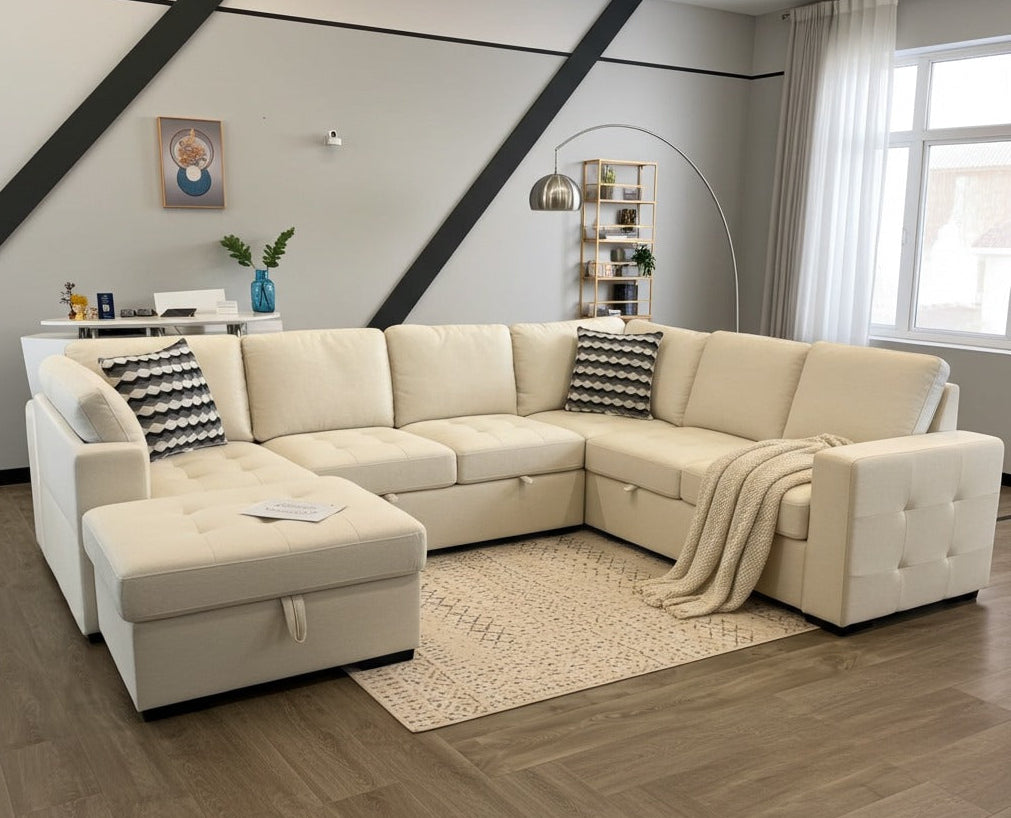 Taylor 6-Seater Sectional Sofa with Pullout Bed and Storage - Beige image 0