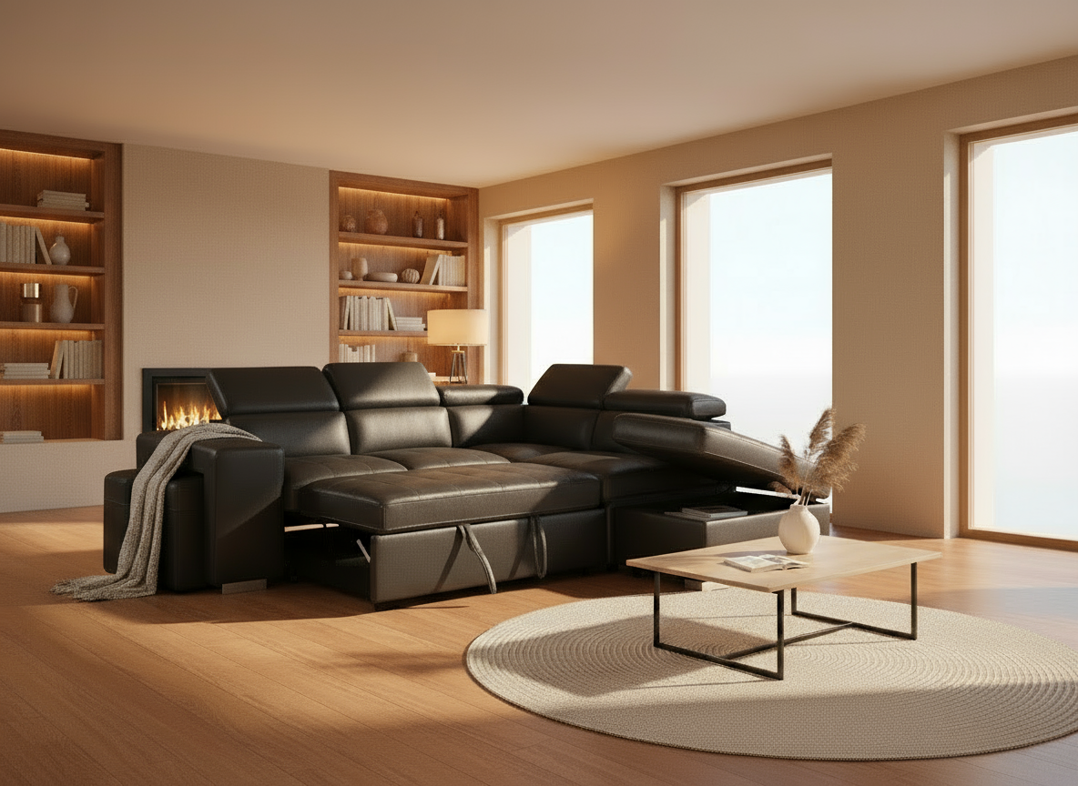 Black leather sectional sofa on a white background