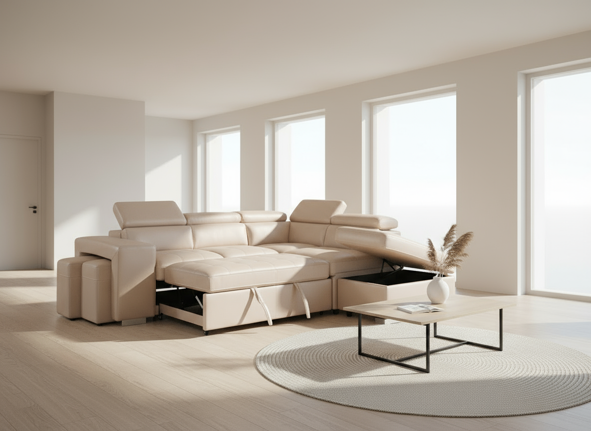 Sicily 3-Seater Sectional Sofa Bed with Ottoman - 2 stools  - White Vegan Leather