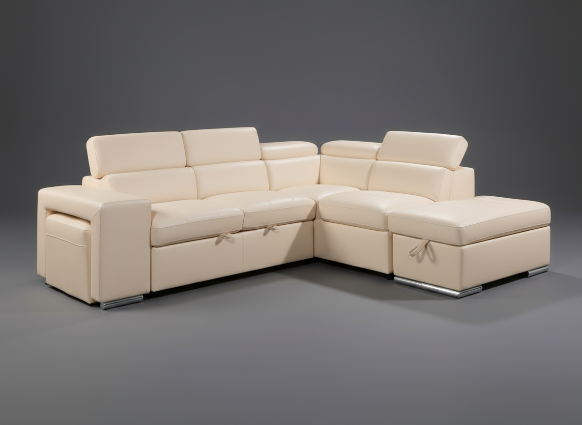 Sicily 3-Seater Sectional Sofa Bed with Ottoman - 2 stools  - White Vegan Leather