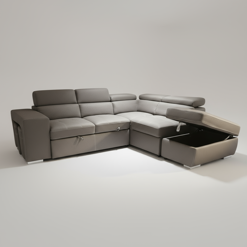 Sicily 3-Seater Sectional Sofa Bed with Ottoman - 2 stools  - Grey Vegan Suede