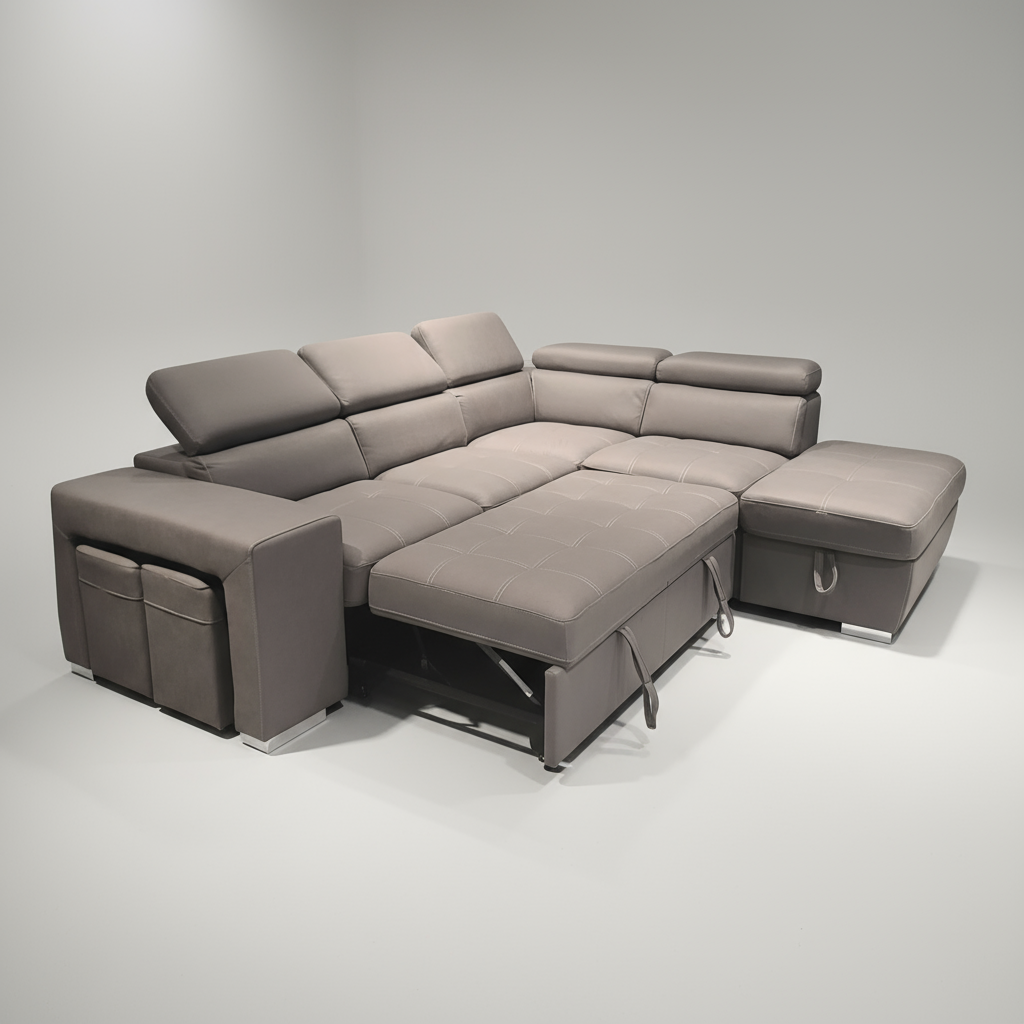 Gray sectional sofa with reclining feature on a white background