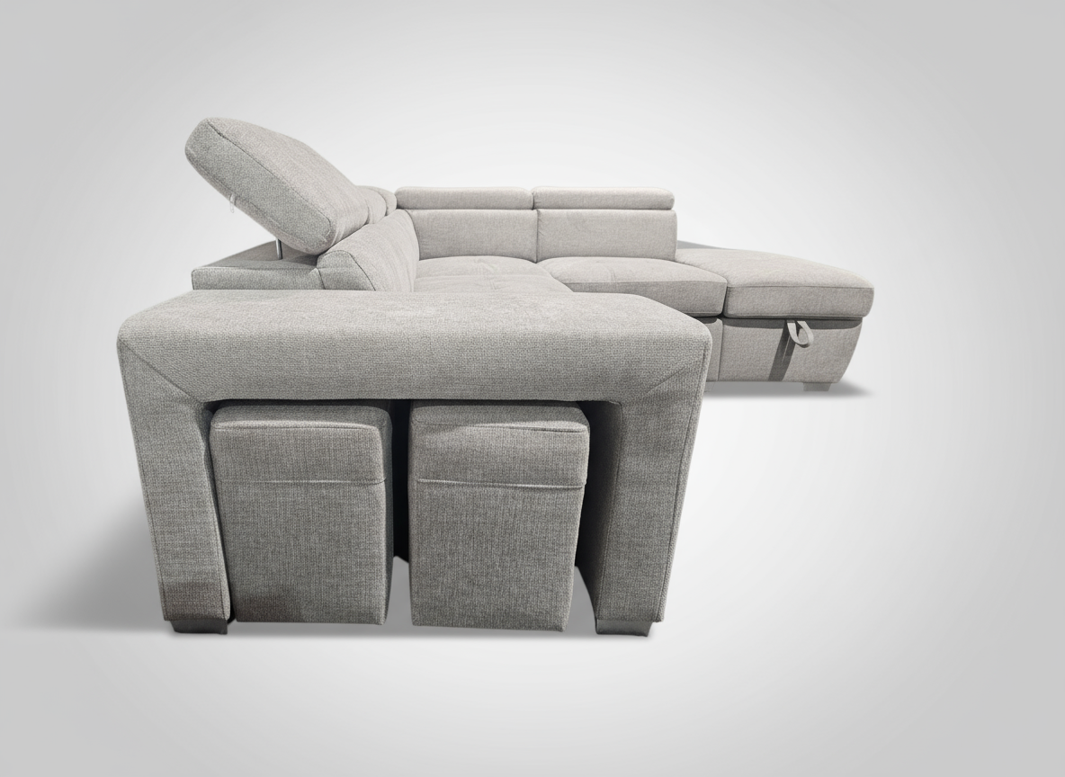 Gray sectional sofa with ottomans on a white background