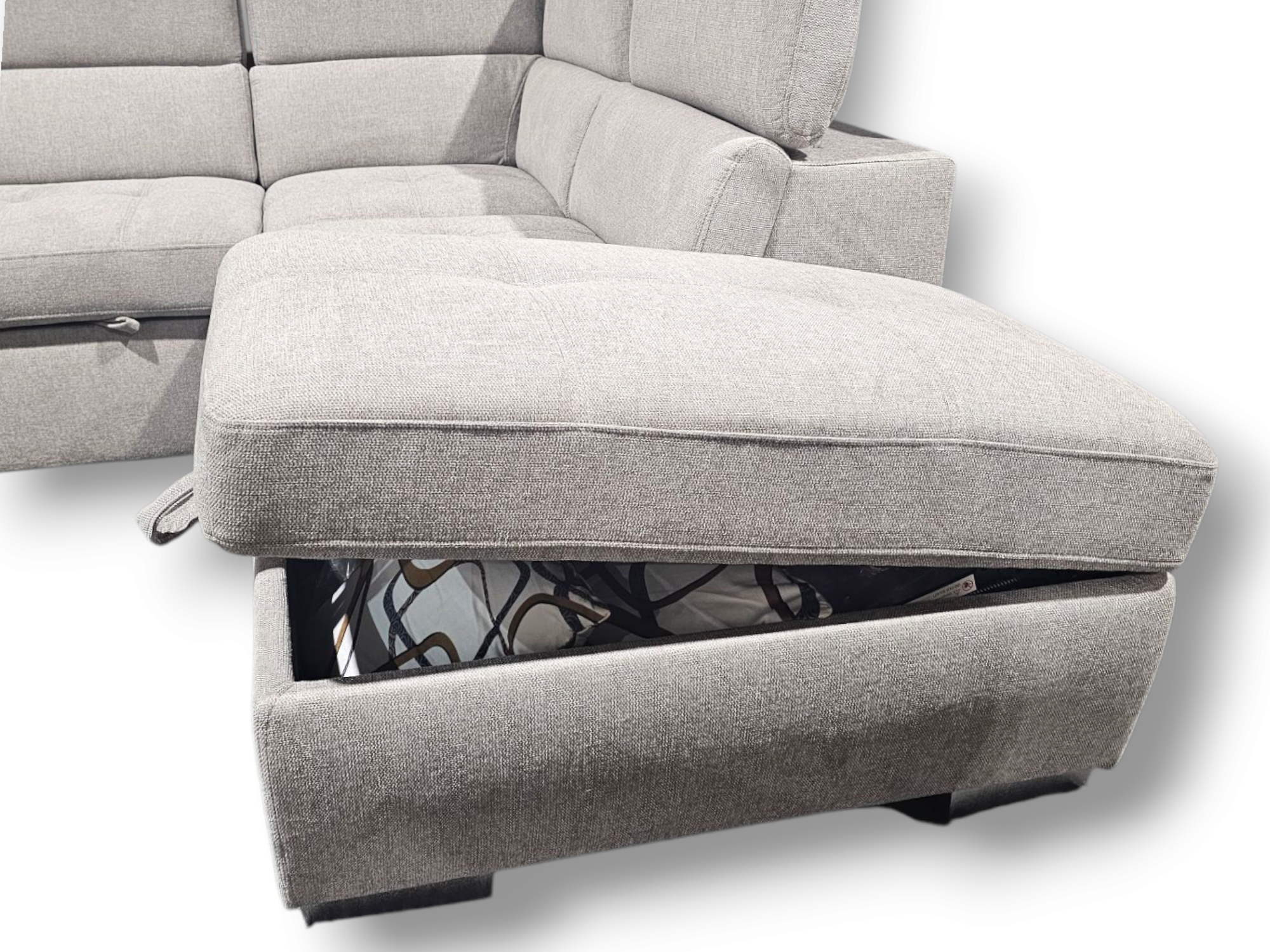 Gray fabric recliner with storage compartment on a white background