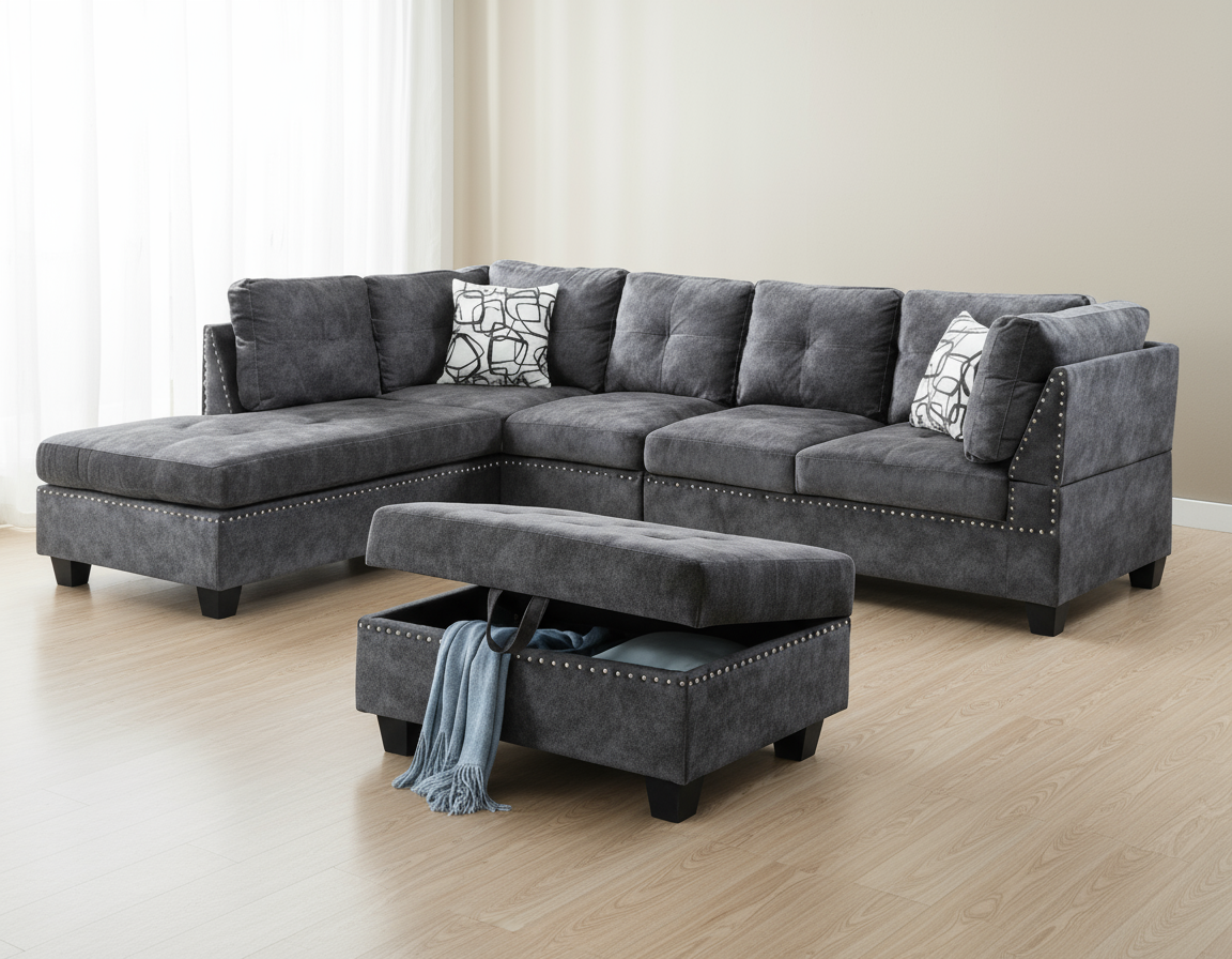 Venice Reversible Sectional Sofa with Storage Ottoman – Dark Grey Suede