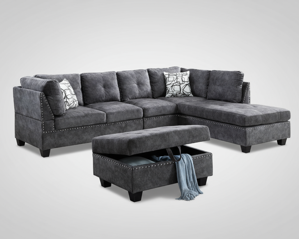 Venice Reversible Sectional Sofa with Storage Ottoman – Dark Grey Suede