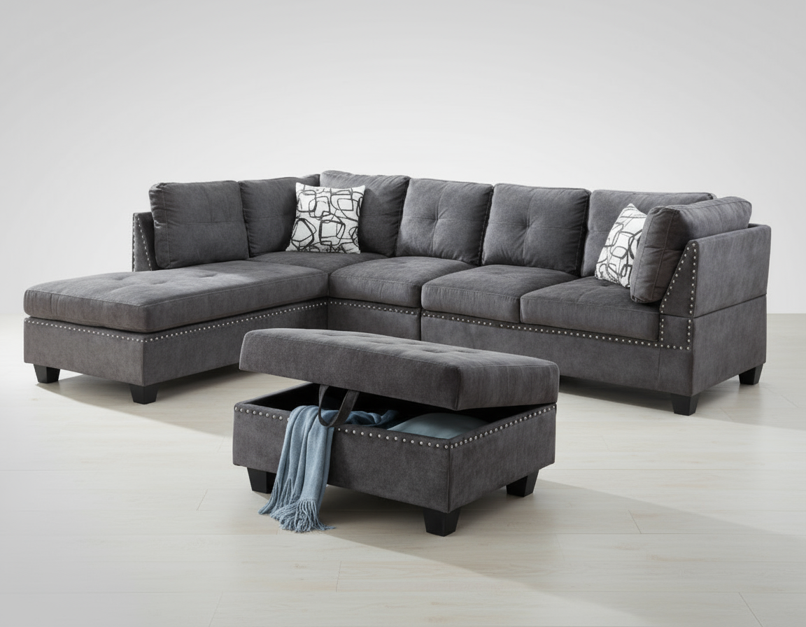 Venice Reversible Sectional Sofa with Storage Ottoman – Dark Grey Suede
