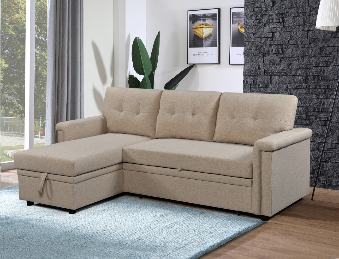 Jasper Sectional Sofa Bed With Storage - Beige image 2
