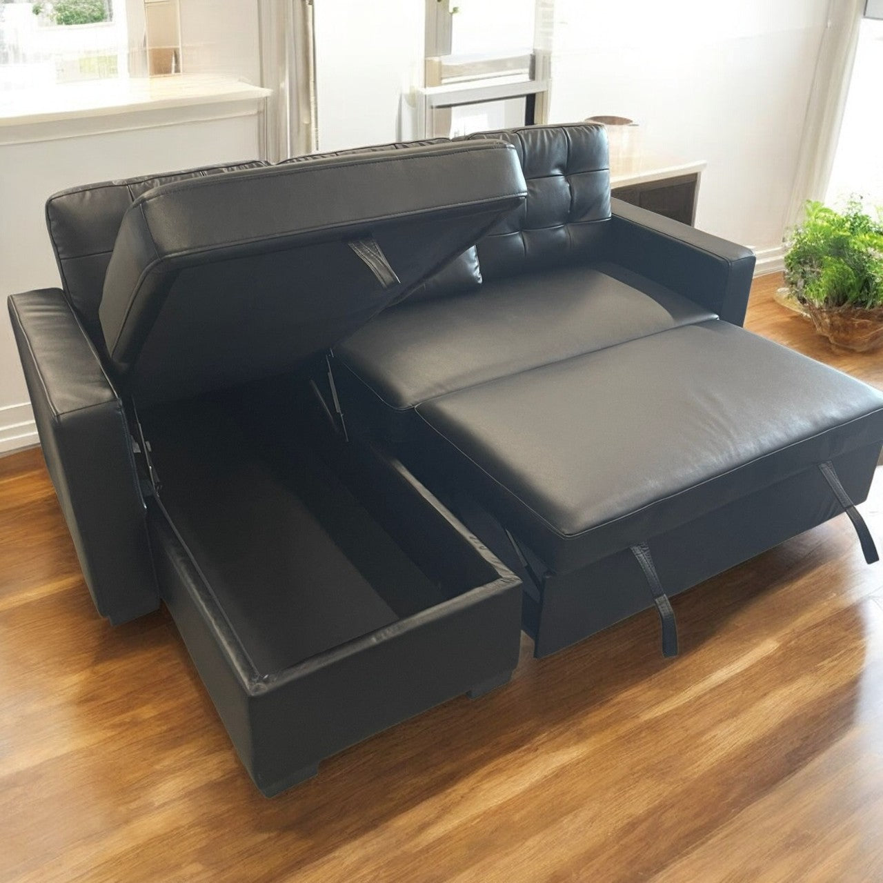Hudson Sectional Sofa Bed with Storage – Black Vegan Leather image 1