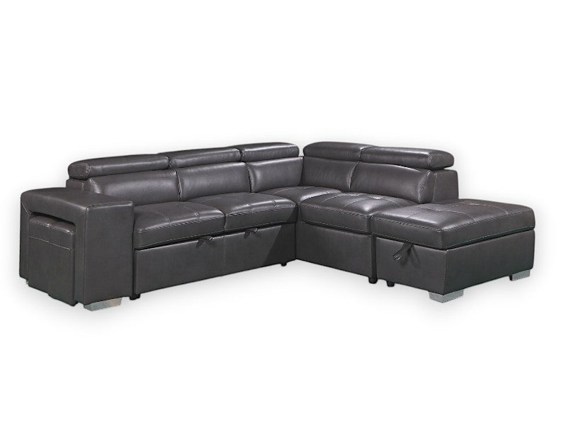 Sicily 3-Seater Sectional Sofa Bed with Ottoman - 2 stools  - Black Vegan Leather image 1