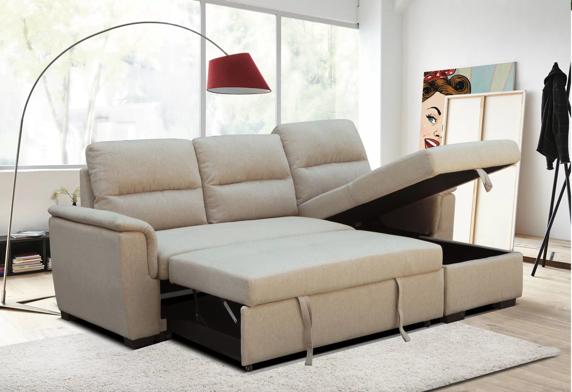 Mato Sectional Sofa Bed with Storage & Reversible Chaise - Beige image 1