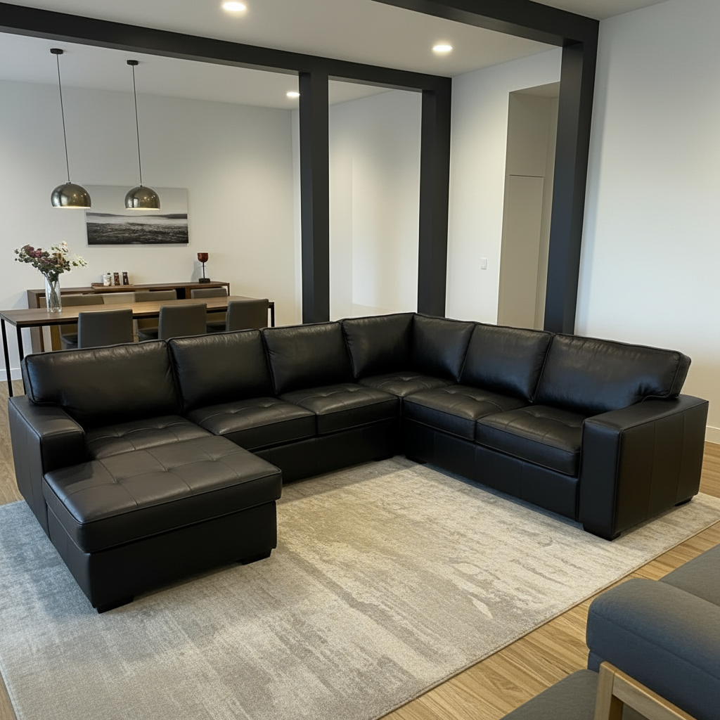 black leather sectional sofa in a living room with a dining area in the background
