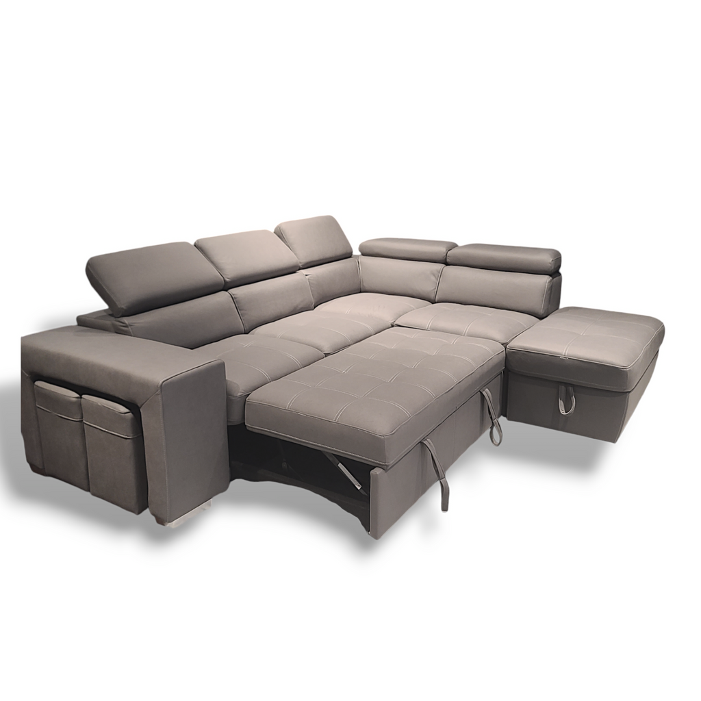 Sicily 3-Seater Sectional Sofa Bed with Ottoman - 2 stools  - Grey Vegan Suede image 1