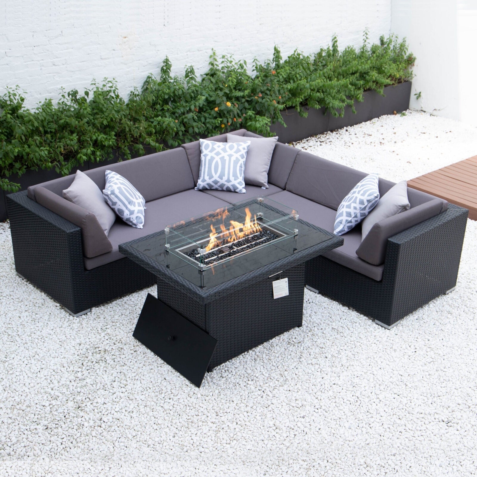 Symmetrical L with wicker fire table in dark grey cushions image 0