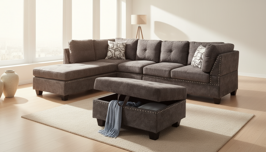 Venice Reversible Sectional Sofa with Storage Ottoman – Dark Grey Suede