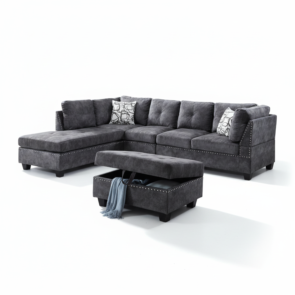 Venice Reversible Sectional Sofa with Storage Ottoman – Dark Grey Suede