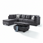 Venice Reversible Sectional Sofa with Storage Ottoman – Dark Grey Suede - Paul's Furniture Outlet