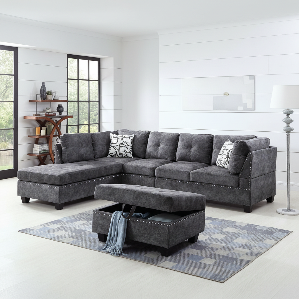 Venice Reversible Sectional Sofa with Storage Ottoman – Dark Grey Suede