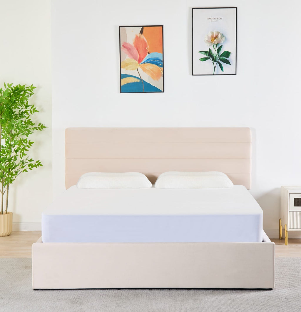 Rocco Upholstered Hydraulic Storage Bed with Headboard – Modern Platform Bed Frame with Lift-Up Storage- Beige image 0