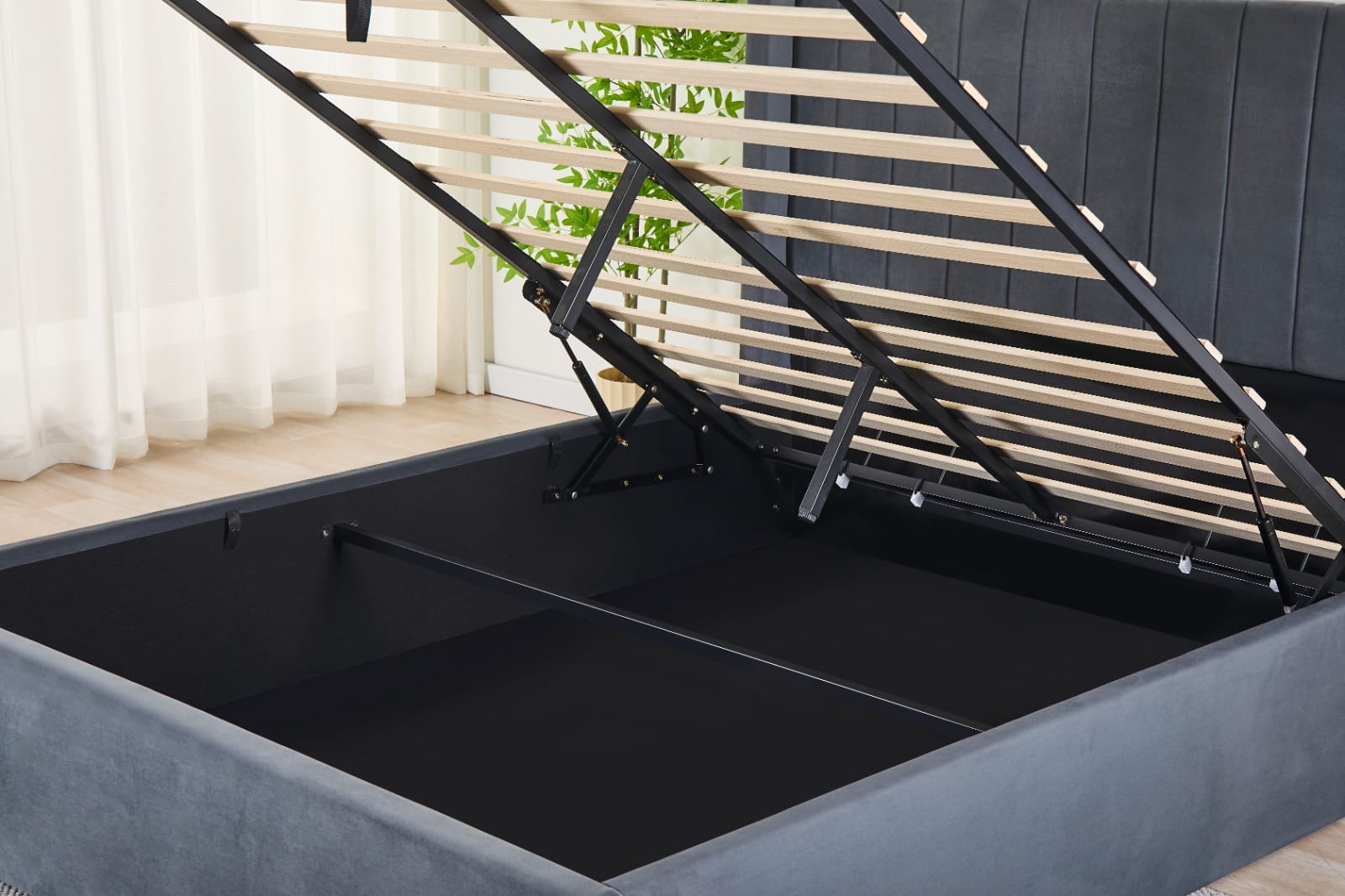 Pluto Hydraulic Storage Bed – Velvet Upholstered with Headboard- Dark grey image 2