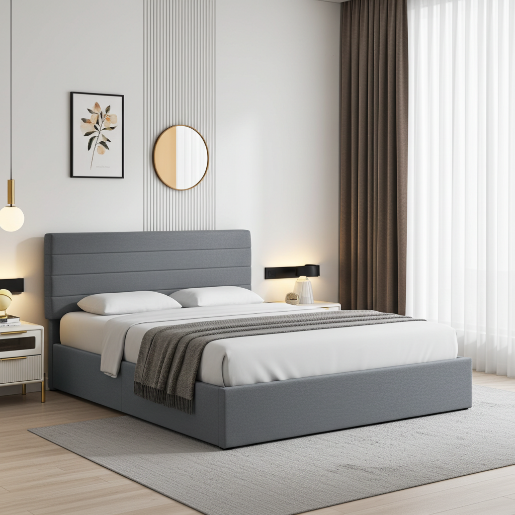 Rocco Hydraulic Storage Bed with Headboard – Modern Platform Bed Frame with Lift-Up Storage- Dark grey Linen