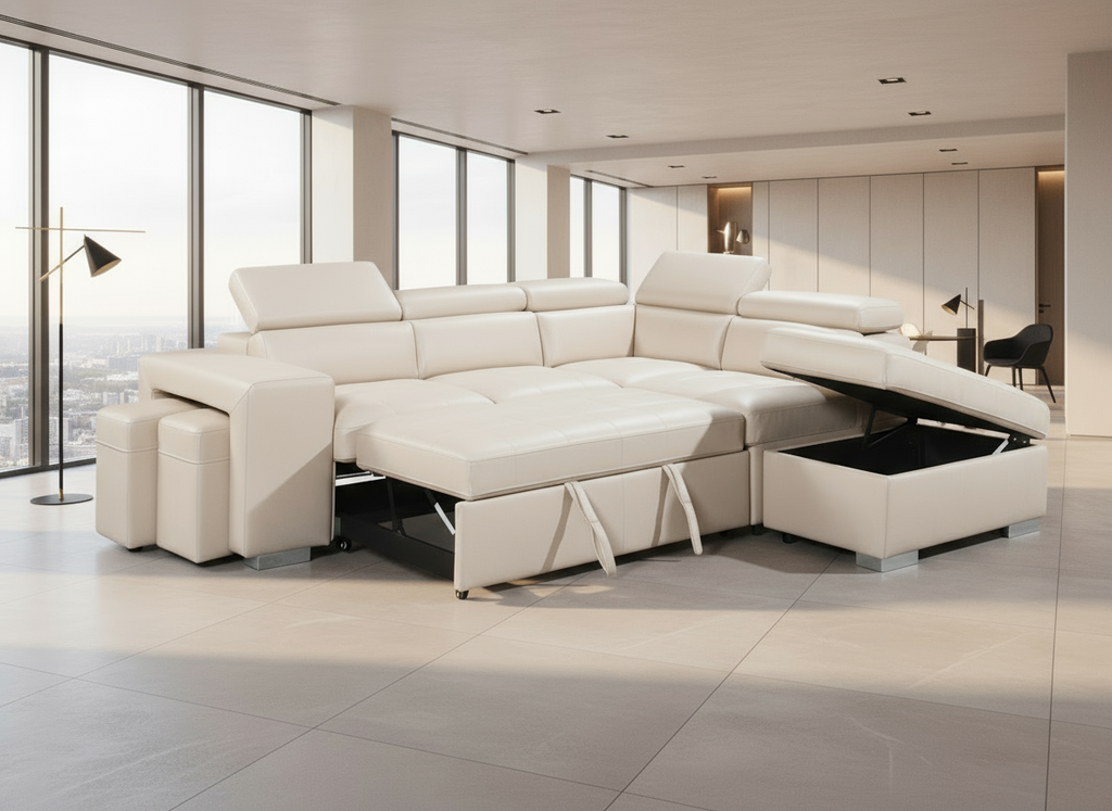 Sicily 3-Seater Sectional Sofa Bed with Ottoman - 2 stools  - White Vegan Leather