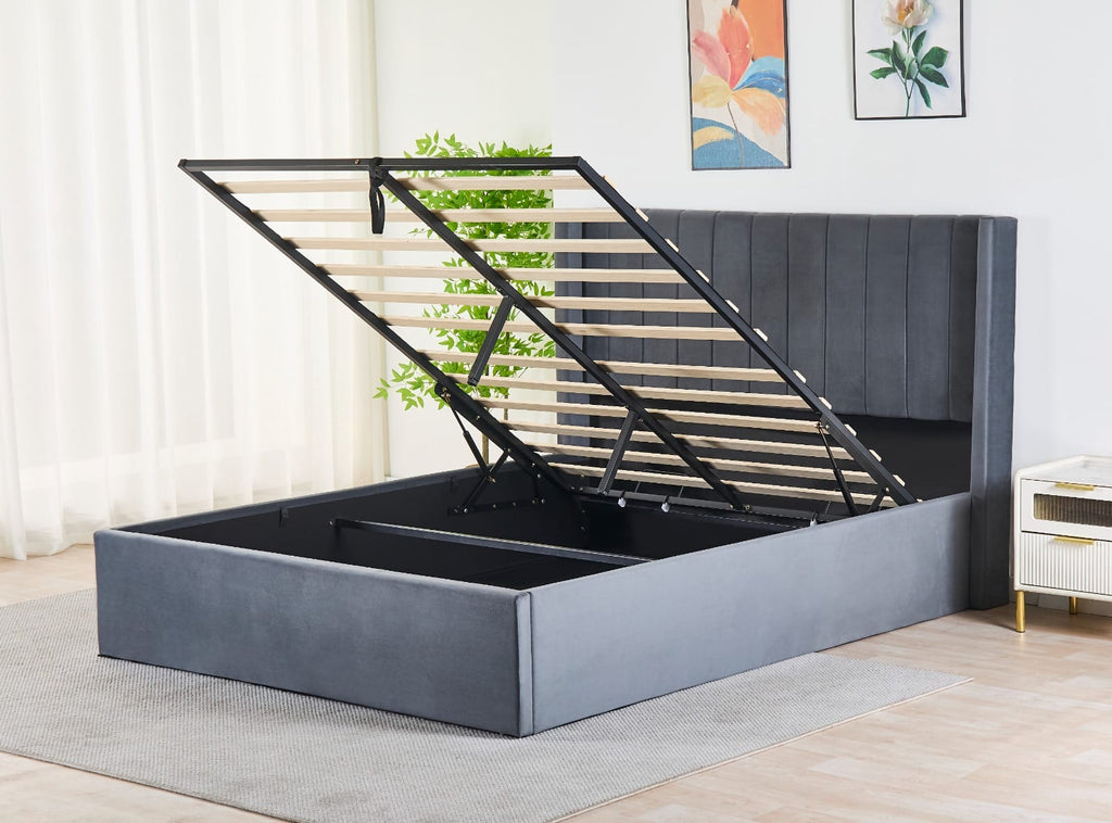 Pluto Hydraulic Storage Bed – Velvet Upholstered with Headboard- Dark grey image 3