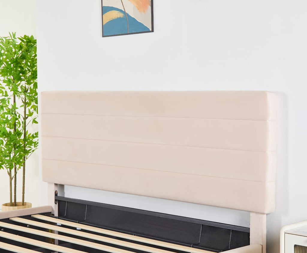 Rocco Upholstered Hydraulic Storage Bed with Headboard – Modern Platform Bed Frame with Lift-Up Storage- Beige image 1