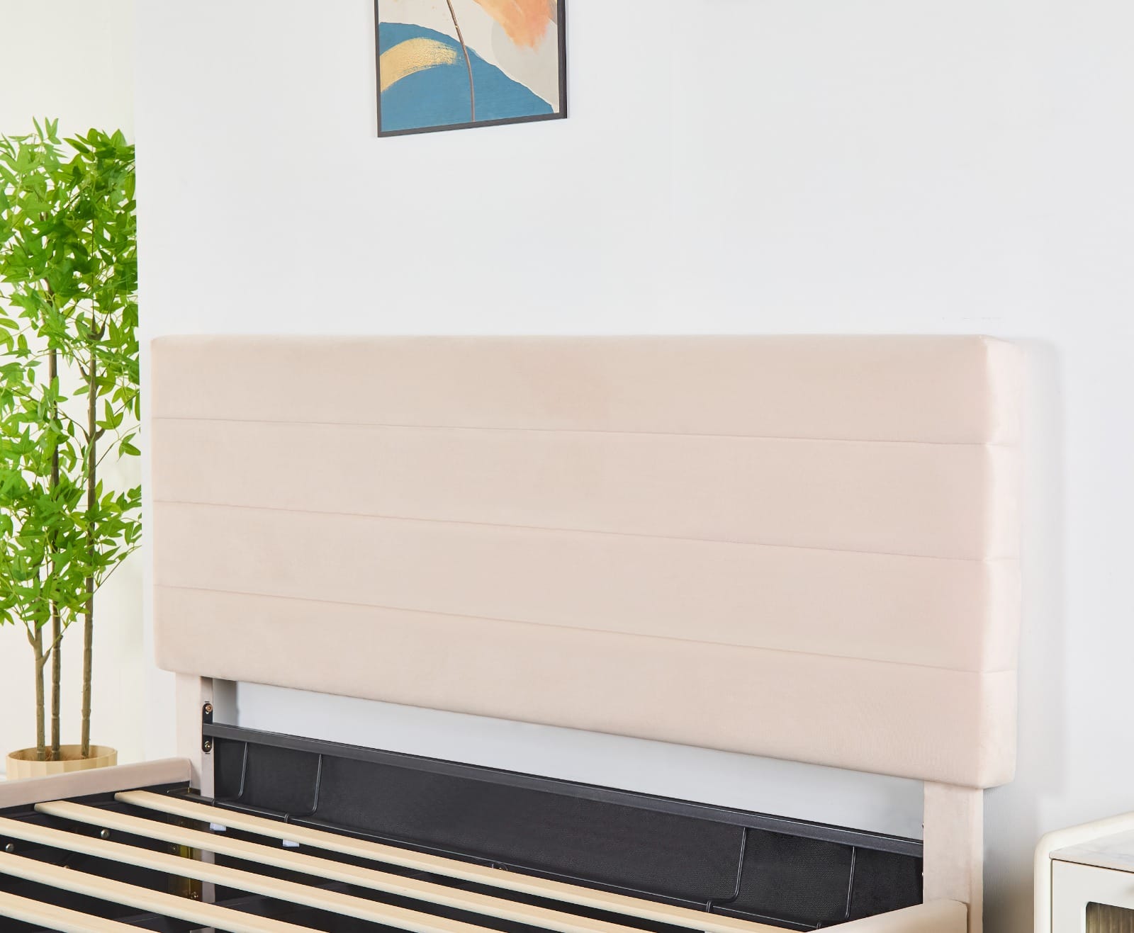 Rocco Upholstered Hydraulic Storage Bed with Headboard – Modern Platform Bed Frame with Lift-Up Storage- Beige image 1