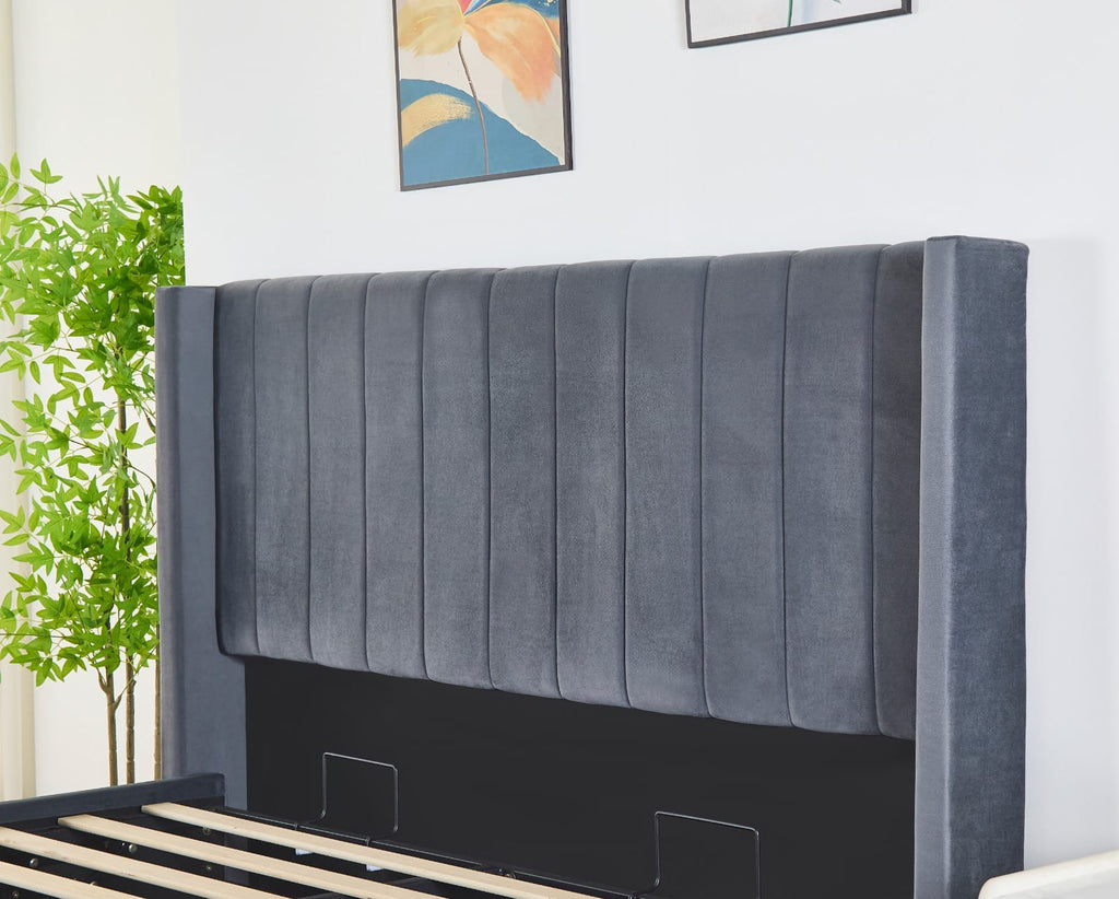 Pluto Hydraulic Storage Bed – Velvet Upholstered with Headboard- Dark grey image 1