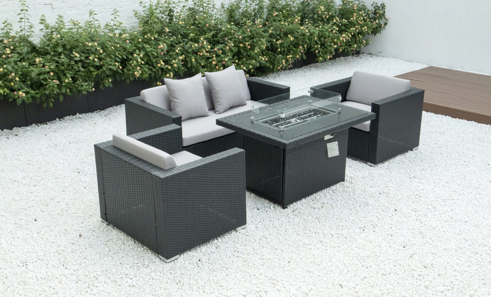 4 piece conversation set with fire table and light grey cushions image 0