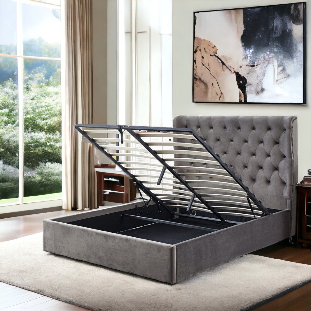 Pluto king bedframe -hydrallic storage bed - velvet grey image 0