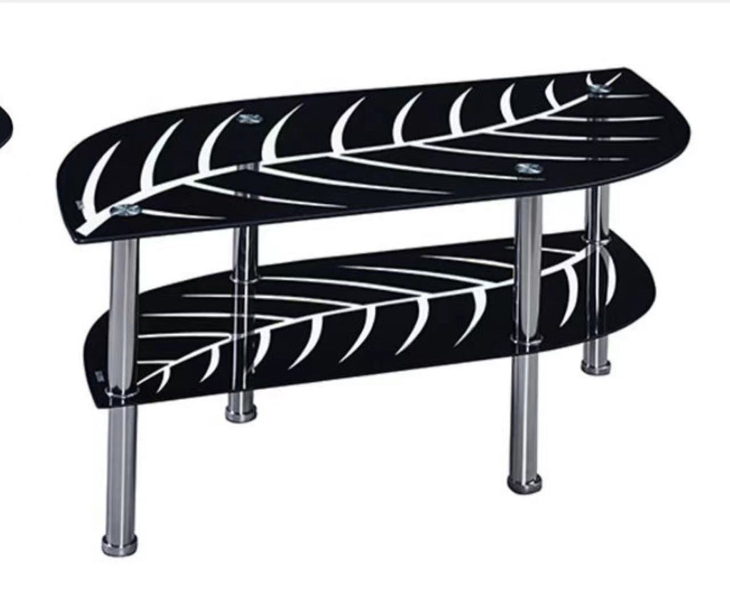 Leaf-Design Glass Coffee Table with Dual Black Shelves and Chrome Legs image 0