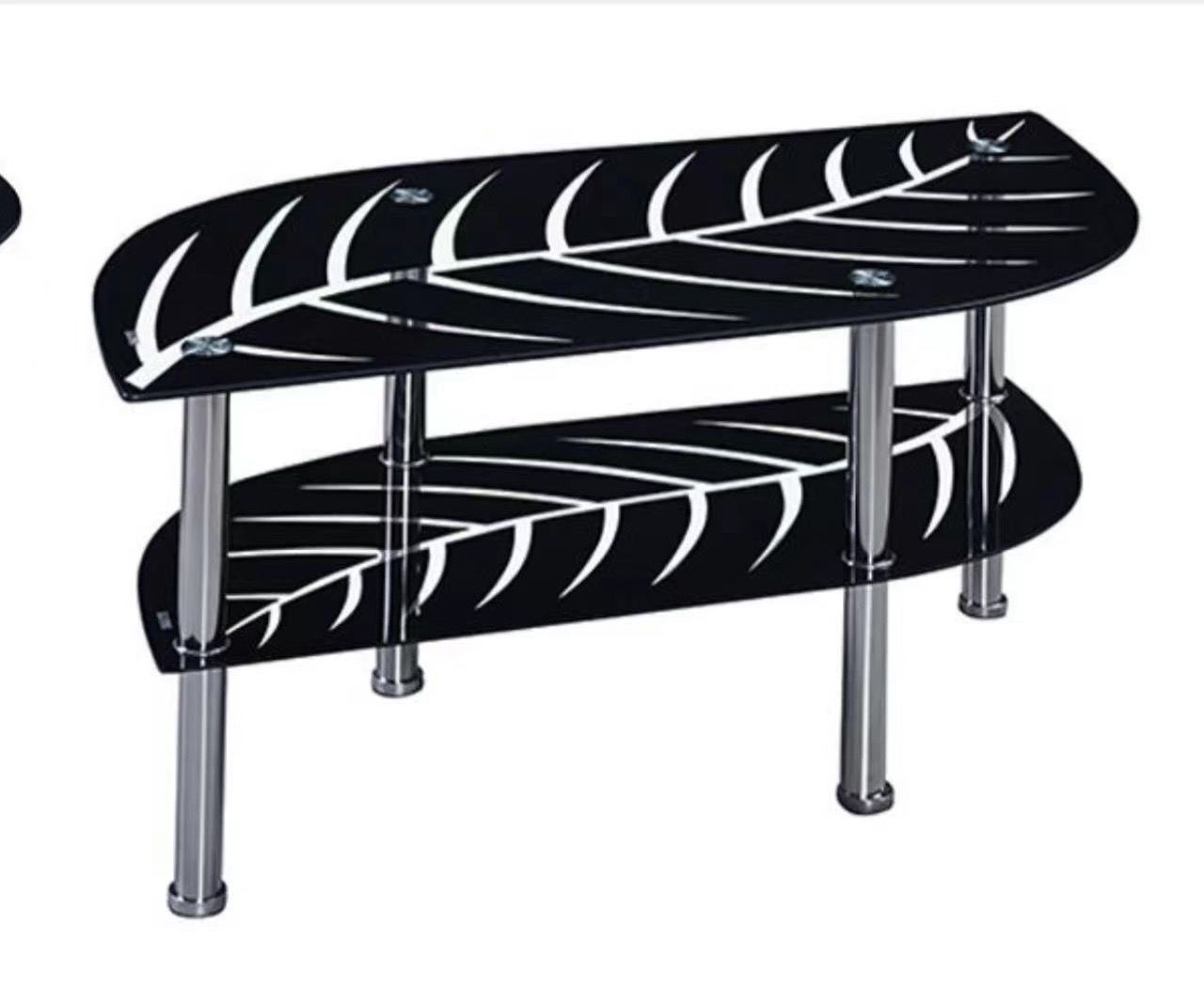 Leaf-Design Glass Coffee Table with Dual Black Shelves and Chrome Legs image 0