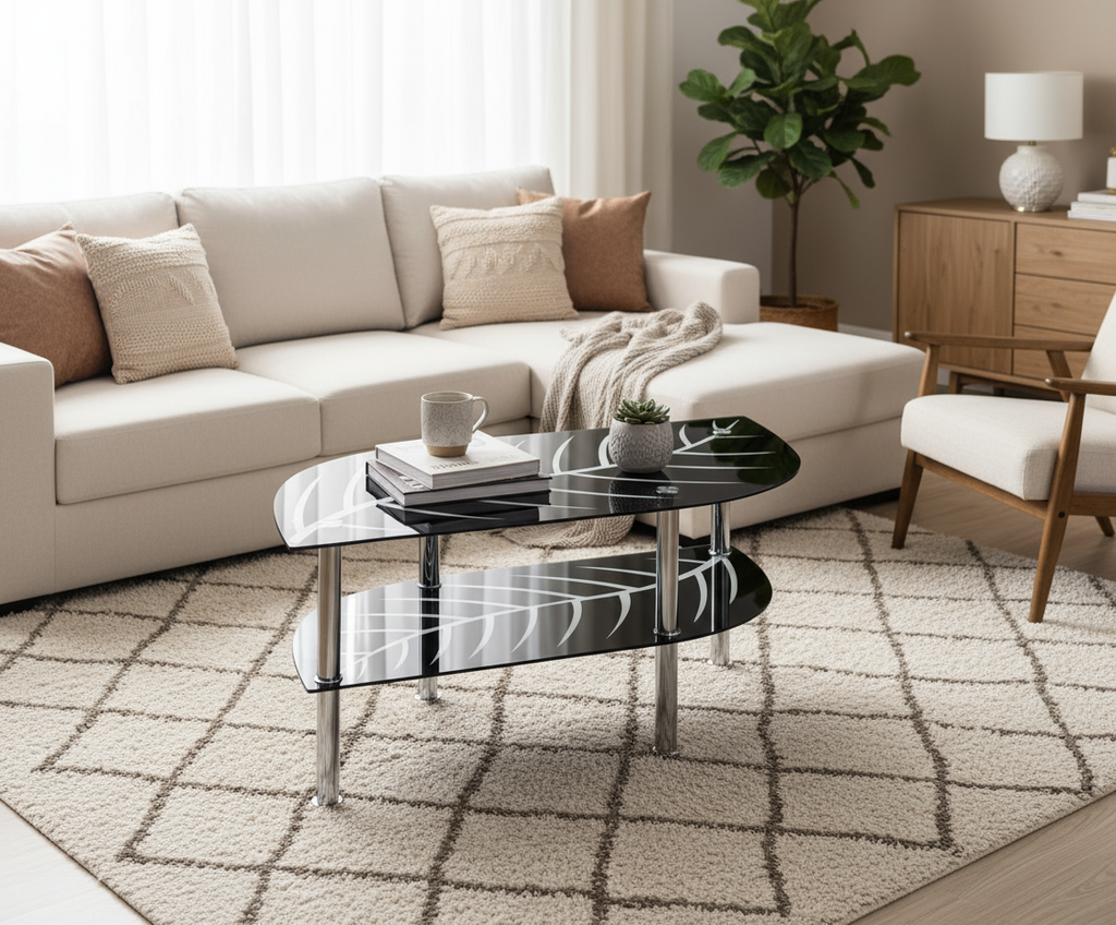 Leaf-Design Glass Coffee Table with Dual Black Shelves and Chrome Legs