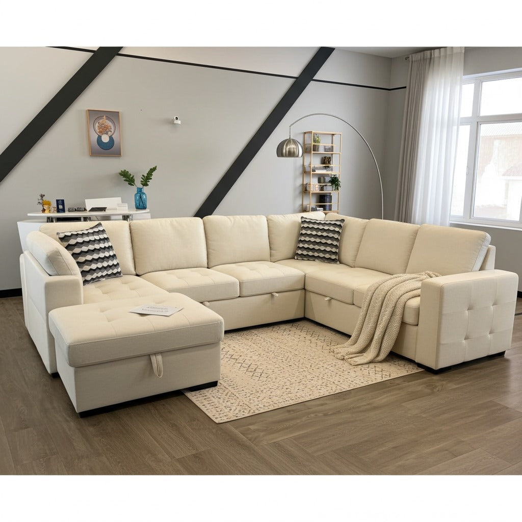 Taylor 6-Seater Sectional Sofa with Pullout Bed and Storage - Beige image 0