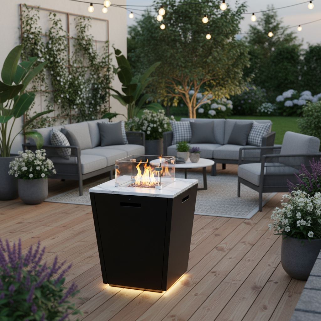 Compact Fire Table with Glass Wind Guard