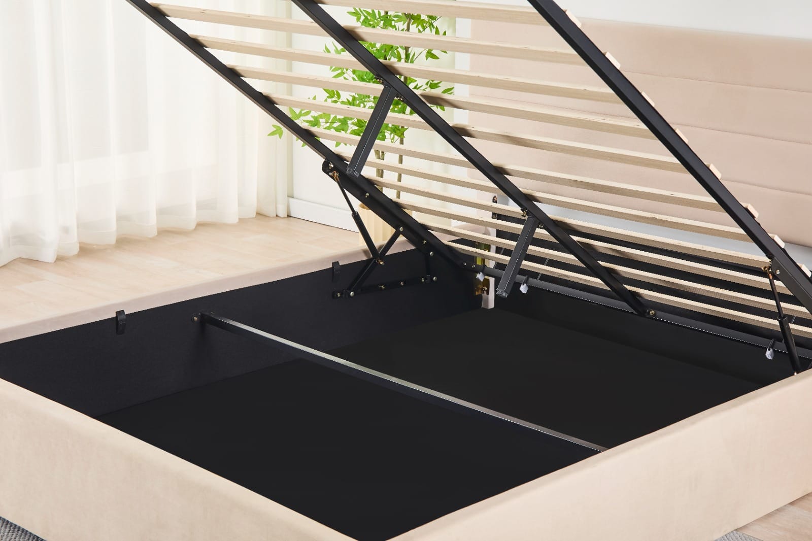 Rocco Upholstered Hydraulic Storage Bed with Headboard – Modern Platform Bed Frame with Lift-Up Storage- Beige image 3