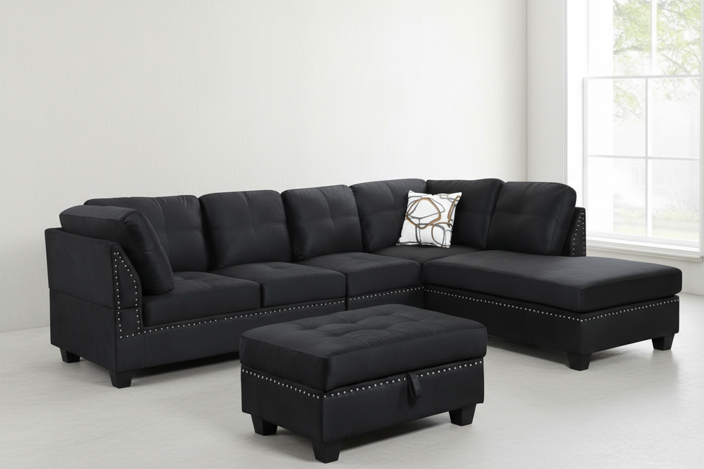 Venice Reversible Sectional Sofa with Storage Ottoman – Black Vegan Suede