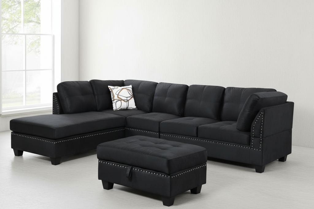 Venice Reversible Sectional Sofa with Storage Ottoman – Black Vegan Suede