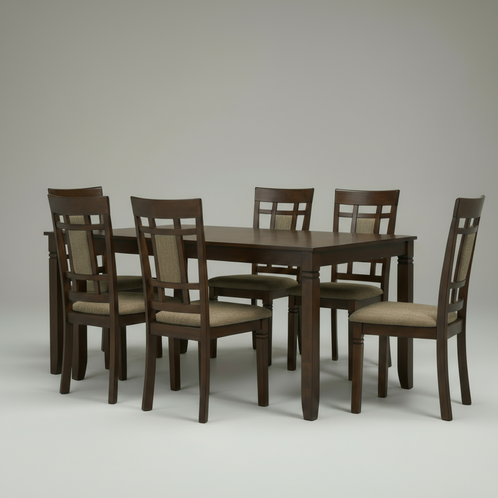 Wooden dining table set with six chairs on a plain background