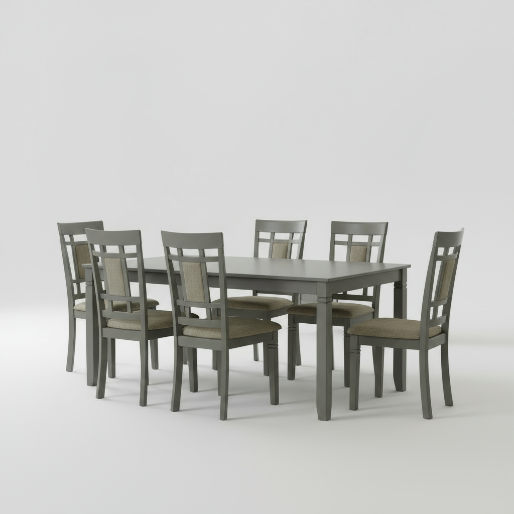 Gray dining table set with four chairs on a plain background