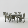 Gray dining table set with four chairs on a plain background