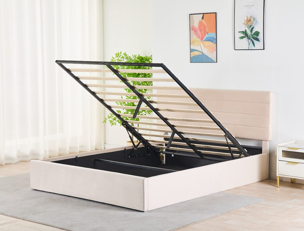 Rocco Upholstered Hydraulic Storage Bed with Headboard – Modern Platform Bed Frame with Lift-Up Storage- Beige image 4