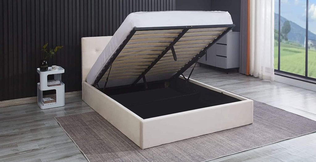 Havannah - Beige Velvet Fabric Hydraulic Lift Storage Bed Frame image 1