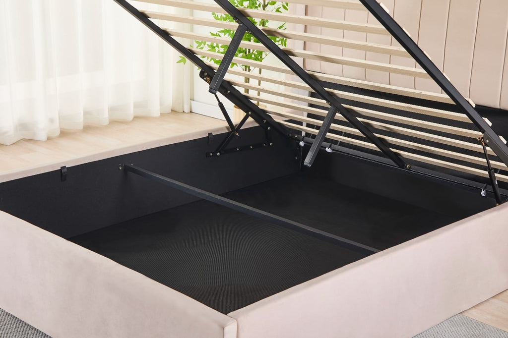 Pluto Hydraulic Storage Bed – Velvet Upholstered with Headboard- Beige image 4