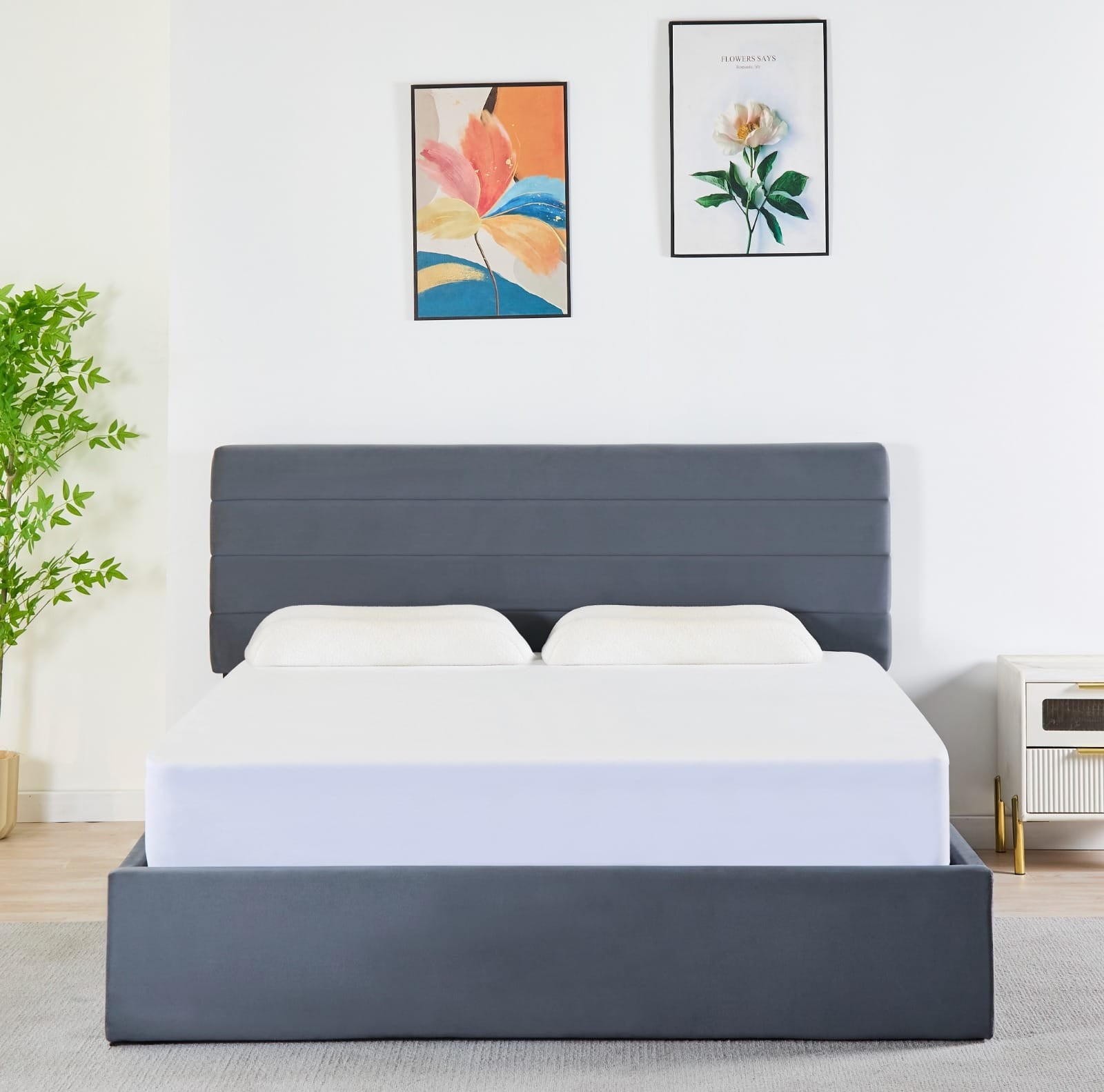 Rocco Upholstered Hydraulic Storage Bed with Headboard – Modern Platform Bed Frame with Lift-Up Storage- Dark grey image 0