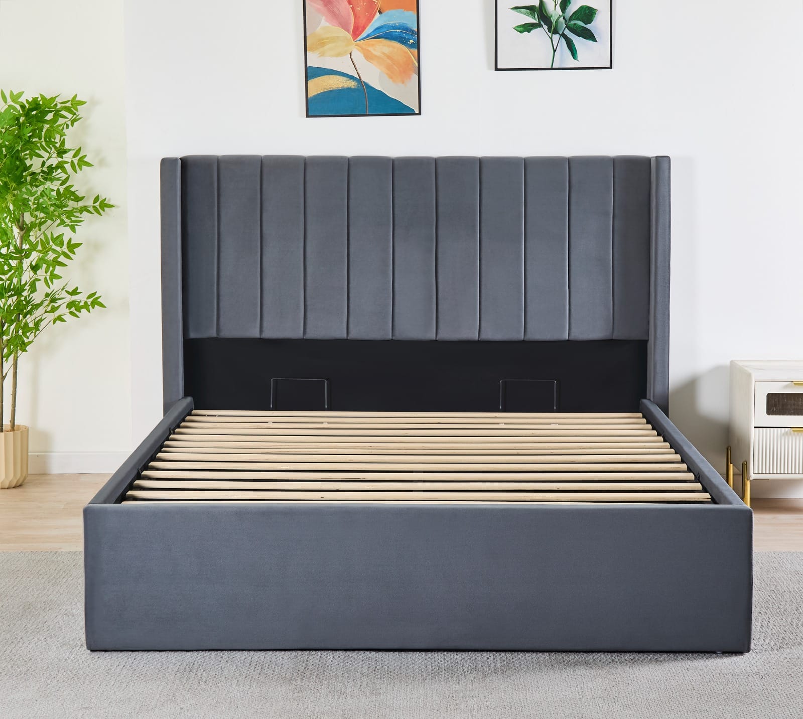 Pluto Hydraulic Storage Bed – Velvet Upholstered with Headboard- Dark grey - Queen image
